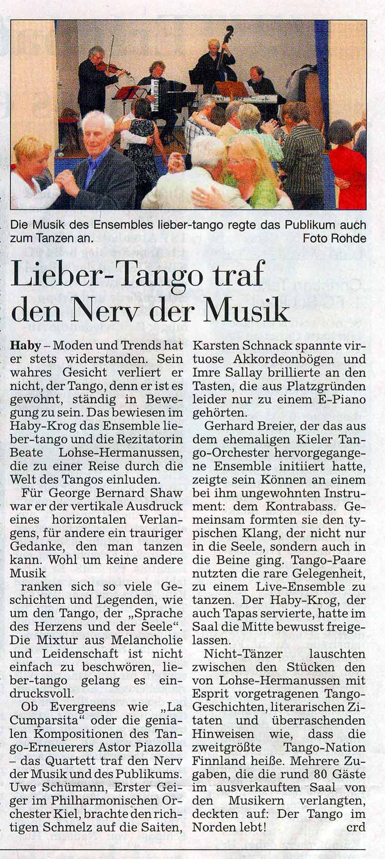 Milonga in Quartett-Besetzung mit Lesung eigener Texte/Bericht in den Kieler Nachrichten
